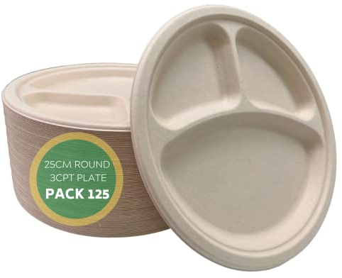 Disposable Green Platos desechables redondos, platos de compartimento de bagazo desechables, platos de 3 compartimentos, platos divididos para alimentos calientes, fríos, 23 cmx5 cm, 125 unidades