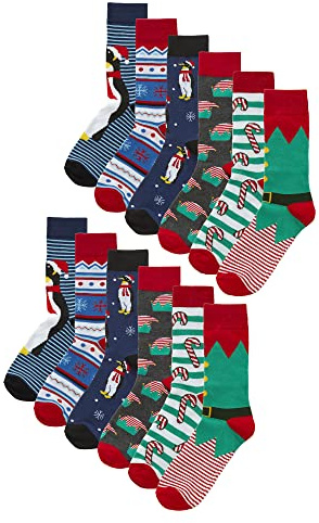 12 Pair Multipack Mens Christmas Design Socks | Breathable Cotton Colorful Novelty Pattern Xmas Socks