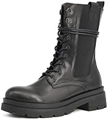 QUEEN HELENA Anfibi di Pelle Stivaletti con Lacci Tacco Basso Plateau Casual Donna S276 (Nero, Numeric_37)