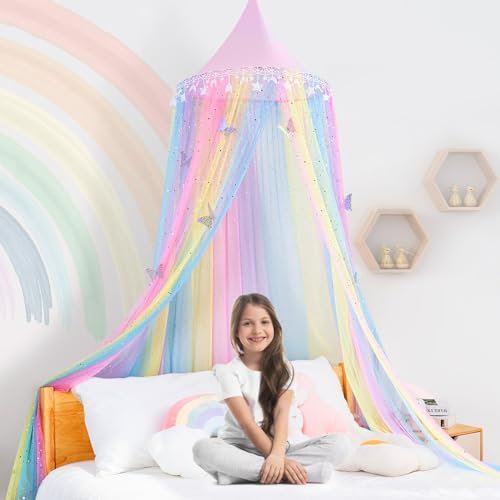 STAOLENE Rainbow Kinderbetthimmel für Mädchen, Babybett mit Schmetterling, Feentraum, Prinzessin, Betthimmel, hängendes Moskitonetz, Leseecke, Raumdekoration, Regenbogenfarben