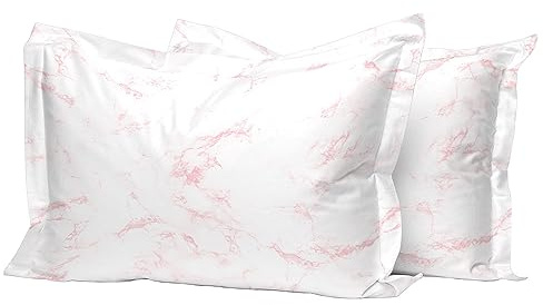 Pizuna Cotton Pink Print Standard Pillow Cases 2 Pack 400 Thread Count | Carrara Marble 100% Long Staple Combed Cotton Oxford Pillow Cover Sateen Cooling 50x75