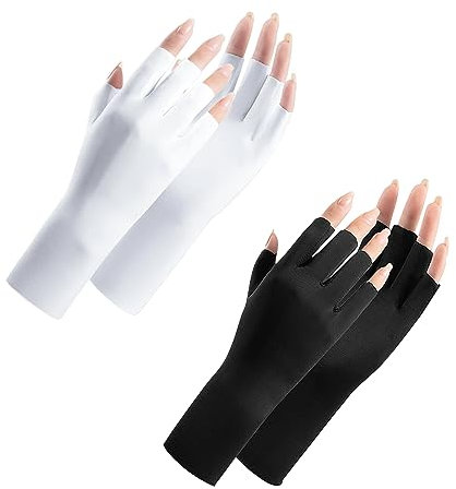 Andiker Guanti da donna con protezione solare UV, 2 paia, guanti estivi traspiranti in seta di ghiaccio, mezze dita, per equitazione, golf, pesca, ciclismo, unghie gel (nero, bianco)