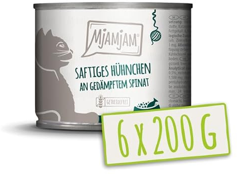 MjAMjAM – Premium Nassfutter für Katzen - saftiges Hühnchen an gedämpftem Spinat 200g, 6er Pack (6 x 200g), naturbelassen mit extra viel Fleisch