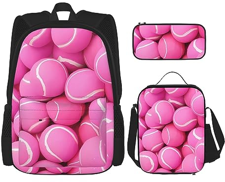 Taschen-Rucksack, Umhängetasche, Lunch-Tasche, Stifttaschen-Set – robust, langlebig und modisch, leichtes Design, leuchtend rosa Tennisbälle-Druck, Schwarz , Einheitsgröße
