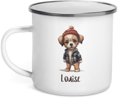 Tasse Personnalisable Prénom Enfant Poussin Chat Chien Mug Petite Fille Garçon Gobelet Verre Métal Acier Céramique Déjeuner Cadeau Noël Anniversaire (Chien)