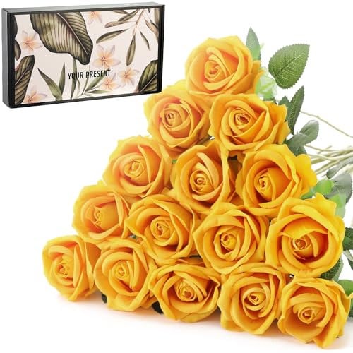 Cloudecor 15Pcs Small Artificial Roses Velet Real Touch Single Stem Fake Roses Silk Realistic Flowers Arrangements Home Office Party Wedding Decoration (Pearl Roses, Yellow 15p)