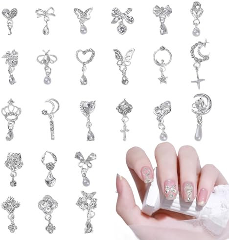 Dangle Nail Charms,24PCS Luxury Heart Flower Moon Butterfly Pearl Bow Nail Gems,3D Silver Alloy Metal Nail Rhinestones and Gems Nail Jewelry for Nail Art Design Decoration (Silver)