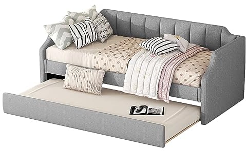 Funktionsbett mit Ausziehbett, 90 x 200 cm, Schlafsofa, Tagesbett, Polsterbett, mit Lattenrost Rücken- und Armlehne, Leinen, Grau