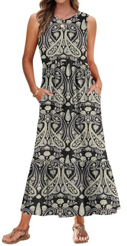 AUSELILY Maxi Dresses for Women Sleeveless Ladies Summer Dresses Round Neck Beach Cover-ups Sundress Casual Tiered Long Dress with Pockets Boho Floral Black L