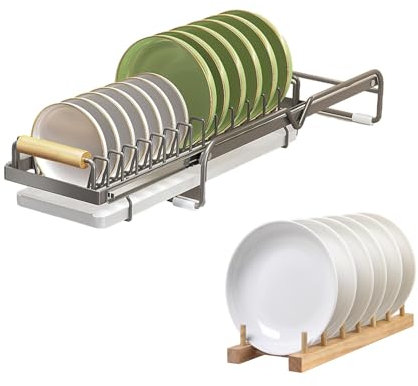 KERALI Dish Storage Rack Cupboard, Pull-Out Design Dishes Rack with Drainer, Pull Out Plate Rack for Kitchen Cabinets, Rust-Resistant Dish Drainer Rack, Dish and Bowl Drying Rack for Kitchen