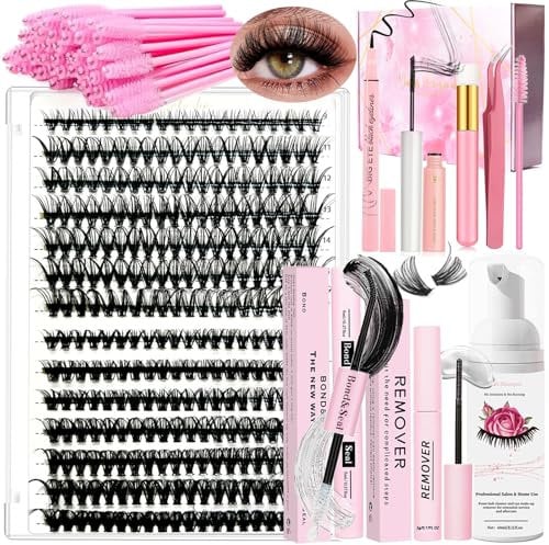 DIY Lash Extension Kit 280 Pcs 9-16mm 30D+40D Individual Lashes Clusters with Bond and Seal Glue Remover Eyeliner Mascara Tweezers Lash Shampoo Cleansing Brush