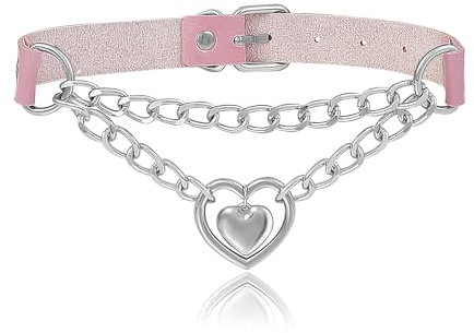 JJDreams Collier Gothique Cuir Rose avec Cœur Amour Ras du Cou à Chaine Argent Choker Punk Réglable Femme