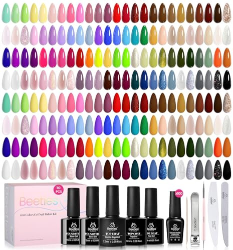 Beetles 110 Stück Gel Nagellack Set, 100 Farben ganzjähriger Rot Braun Grün Schwarz UV Nagellack mit 5 * Base-und Top Coat Soak Off UV Gel für Maniküre Liebhaber DIY-Geschenke für Frauen zu Hause