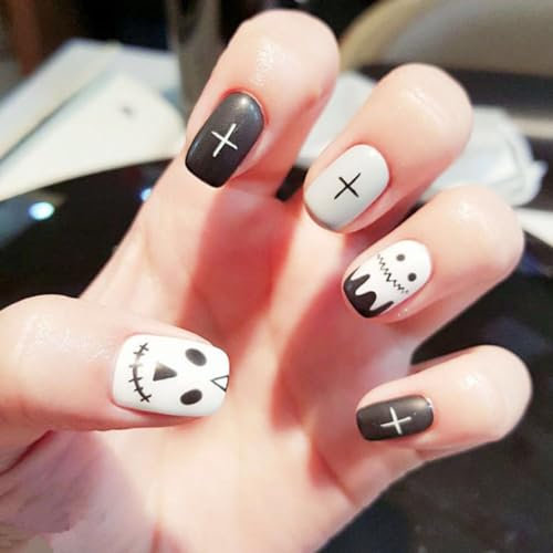Ztcily Faux ongles Halloween, Faux ongles Noir Blanc Mat Court Carré, Faux ongles Aotocollants Pour Femme Fille, Accessoirie ou Idée Cadeau Fête