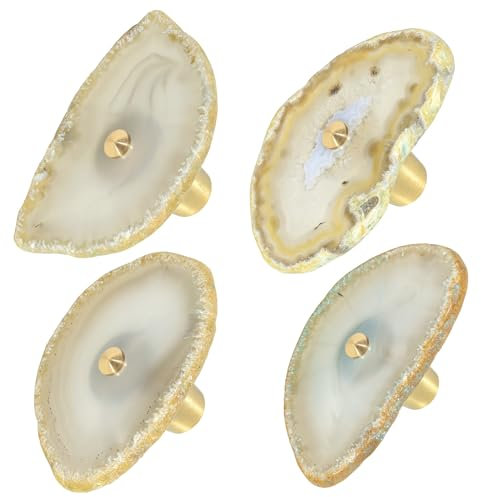 Mookaitedecor Set of 4 Natural Agate Crystal Drawer Knobs with Screws, Irregular Crystal Stone Handles Pulls for Cupboard Cabinet Wardrobe Kitchen Unique Decorative Furniture Brass Knobs