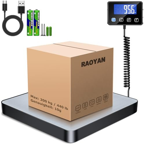 RAOYAN Balance Colis, 200kg/10g Haute Précision Pese Colis Avec Fonction Hold/Tara, Balance D'expédition Acier Inoxydabl Pour Colis, Bagages, Entrepôt, Balance Postale Digitale Avec Écran LCD