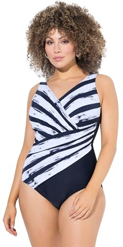 Ulla Popken Damen große Größen Übergrößen Plus Size Badeanzug, Streifen, Softcups, Drapierung, recycelt
