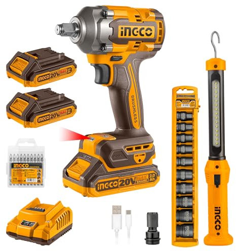 Ingco 20V Brushless Impact Wrench 400NM with 1Pcs Work Lamp, Variable Speed 2300RPM, 2900BPM with Emergency Inspection Lamp, 2Pcs 2.0Ah Battery and 1Pcs Charger COSLI23048