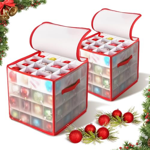 HILKKET Aufbewahrungsbox für Weihnachtskugeln, 2pcs Weihnachtskugel Box, Christbaumkugel Tasche, Weihnachtskugeln Aufbewahrung mit Verstellbaren Trennwänden, 64 Fächer, 4 Ebenen, 2 Reißverschlüsse