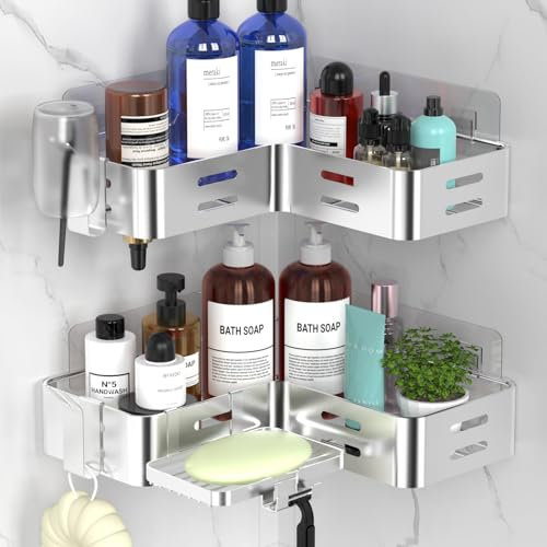 YIGII 2 Pezzi Mensola Doccia Adesiva Senza Foratura, Angoliera in Acciaio Inox con Ganci, Porta Sapone e Ganci per Spazzolino, Resistente alla Ruggine - Argento