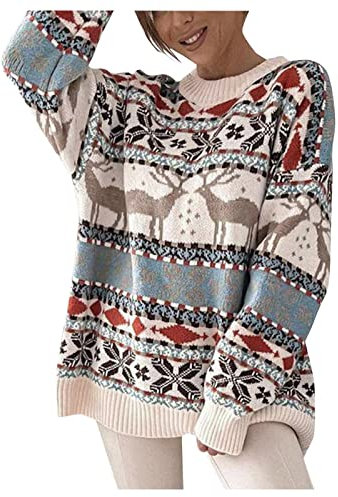 Jacquard Pullover Damen, Weihnachtspulli Damen Norweger Pullover Weihnachtspullover Wollpulli - Jacquard Bunte Norwegen Bunt Grobstrickpullover Wollpullover Norwegerpulli Christmas