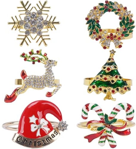 KINDPMA 6 Stück Serviettenringe Weihnachten Serviettenschnalle Gold Serviettenhalter für Weihnachts Dinnerparty (Schneeflocken Weihnachtskranz Elch Weihnachtsbaum Weihnachtsmütze Süßigkeiten)