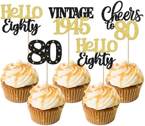 Xsstarmi 24 Pack 80th Birthday Cupcake Toppers Black Gold Glitter 80 Hello Eighty Vintage 1945 Cupcake Picks Cheers to 80 Cake Decorations for 80 Fabulous Happy 80th Birrthday Party Supplies