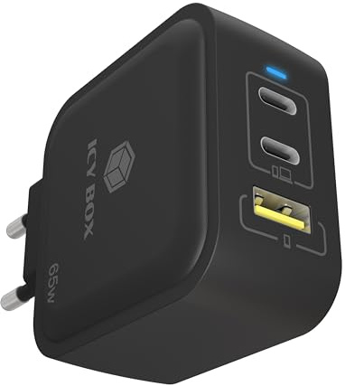 ICY BOX GaN Ladegerät 65W – USB-C & USB-A, Power Delivery 3.0, Schnellladefunktion, kompakt & leicht, 2 USB-C Ports, 1 USB-A Port, für Smartphones, Tablets & Notebooks – IB-PS1030-PD