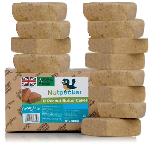 Grumpy Gardener Peanut Butter Bird Suet Cakes - Wild Bird Food, 12 Pack | Mess-Free No Melt Suet Blocks for NutPecker Feeders - All Natural, Made in the UK, 3.6kg Pack