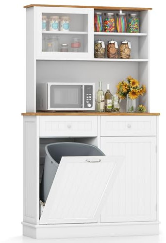 Wooden Tall Kitchen Cupboard with Adjustable Shelves, Trash Bin Hamper Storage Cabinet, Rubber Wood Countertop & Drawers | Freestanding Sideboard for Dining Living Room - Trash Bin Not Included