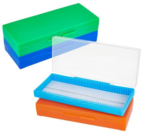 OLYCRAFT 4-Pack 50-Slide Plastic Microscope Slide Holder with Foam Liner, 203x91.5x31.5mm, Plastic, Orange, Dark Blue, Light Blue, Green