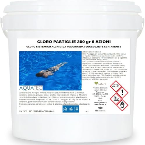 Aquatec kg 10 Cloro Multifunzione 6 Azioni per Piscina Pastiglie da 200 g Potente Trattamento Completo a Lenta Dissoluzione, Acqua Cristallina e Senza Odori