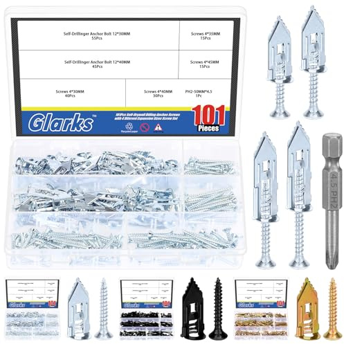 Glarks 201 tasselli autoperforanti per cartongesso con set di viti, 100 viti autofilettanti in acciaio al carbonio con 100 viti e 1 kit di punte PH2 per nessun trapano o fori nella parete