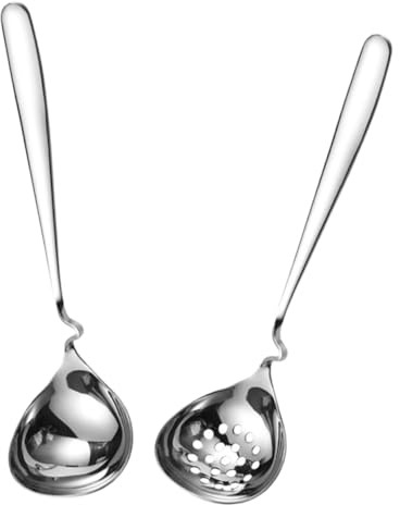 Ciieeo 2pcs Cooking Spoon Set Strainer Stainless Steel Soup Spoon Colander Kitchen Utensil for Home Restaurant