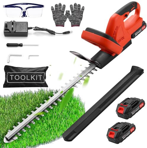 papasbox cordless hedge trimmer, 21V Electric hedge trimmer cordless, Lightweight 3000mAh Battery Hedge Trimmer with 2 Batteries, Charger, 51cm Dual Action Blade for Trimming Hedges Shrubs Border Plan