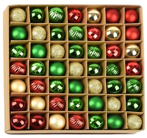HIGA-JKL 49 Stück 3cm Bruchsichere Weihnachtskugeln aus Kunststoff – Christbaumschmuck Ornamente in mit Aufhängeschnur für Party, Hochzeit, Festival – Weihnachtsdeko Kugeln Set（rot grün Gold）