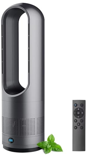 Hot and Cool Tower Fan with Remote, 18 Inch Bladeless Fan Oscillating 80°, 8 Speeds, 8H Timer, LED Display, air circulating Fan, Air Purifier Standing Fans for Indoor Home Bedroom Office Dark Gray