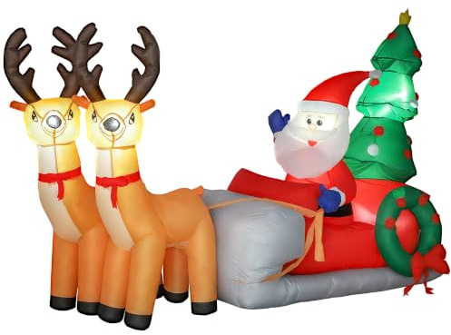 Outsunny Papá Noel Hinchable con Trineo, Renos y Árbol 216x90x150 cm | Inflables de Navidad con Luces LED, Decoración de Navidad para Exterior e Interior