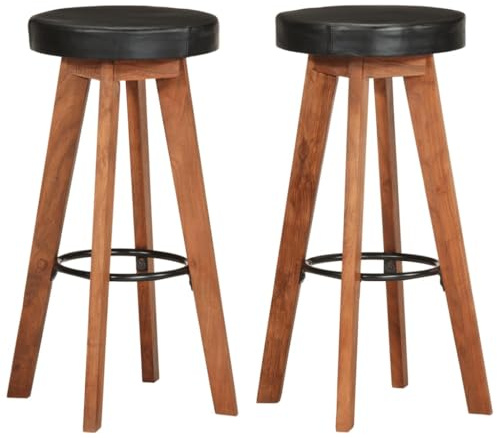 QUAHEAS Barhocker 2er Set Echtleder und Massivholz Akazie, Robuste Küchen-Stühle für Küchentheke, Esszimmer und Frühstücksbar, Langlebige Sitzmöbel im Retro-Stil