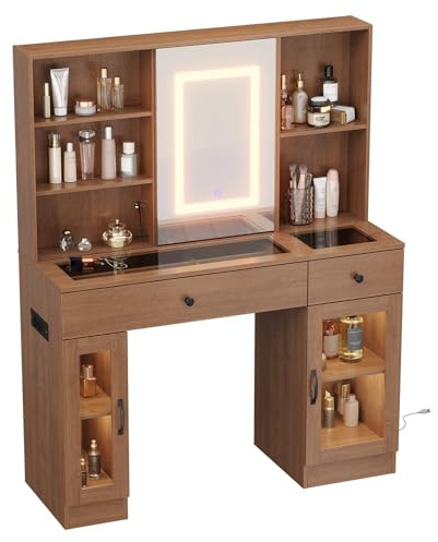 Schminktisch mit Spiegel und Beleuchtung Eleganter Schminktisch mit Schubladen & Schränken, Stauraum, robuster MDF, dimmbaren Leuchten, Steckdosen & USB-Anschlüssen (Natürlich / LED Schiebespiegel)