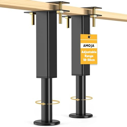 AMOJA 2 Stück Verstellbare Bettbeine 18-30 cm, Stützbein für Bettrahmen | Bettstützbeine, Hochbelastbare Metall-Bettfüße mit Gummibasis, Stützfuss für Bettmittelbalken & King-Queen-Bettrahmenlatten
