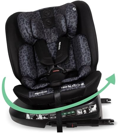 My Babiie MBCS200 360° Spin R129 Baby Car Seat – Top Tether, ISOFIX, Birth to 12yrs (40-150cm), i-Size, ERF, Group 0+/1/2/3, Rotating 360 Swivel - Black Leo