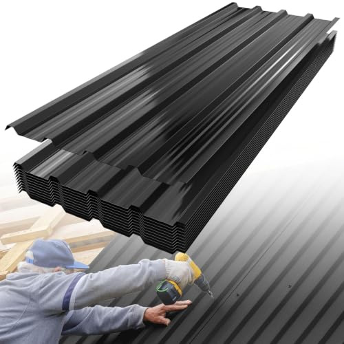 HENGMEI Metal Trapezblech 24 x Dachplatten 14m² Trapezoidal Sheet Wellplatten Dach 129cm x 45cm Galvanised Sheet for Roof Building Garages, Greenhouses, Kennels, Schwarz