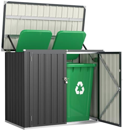 Outsunny Mülltonnenbox Abschließbar für 2 Tonnen mit aufklappbar Deckel | Mülltonnenverkleidung, Wetterfest, Müllbox, Müllcontainer, Aus Verzinkt Stahl Dunkelgrau