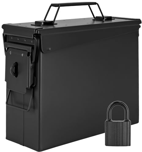 Trucky Munitionsbox mit Schloss 28x10x23 cm Ammo Box Metallkiste Metallbox Munitionskiste Aufbewahrungsbox mit Deckel Army Schwarz Metall