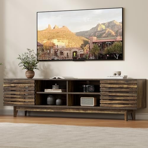 Gyfimoie Wooden Stand Cabinet,165cm TV Cabinet With Storage and 6 Open Shelves & 2 sliding Doors,TV Unit TV Console Table,Media Entertainment Center For Living Room Bedroom,Walnut