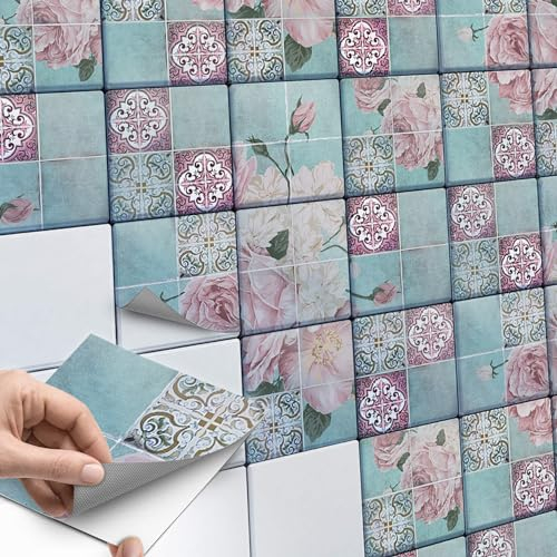 Fliesenaufkleber Dekor-Fliesen - CREATISTO Fliesenfolie I Selbstklebende Aufkleber Folie Fliesen Sticker für Badfliesen Küchen Wandfliesen I 10x10 cm - Muster Durch die Blume - 18 Stück