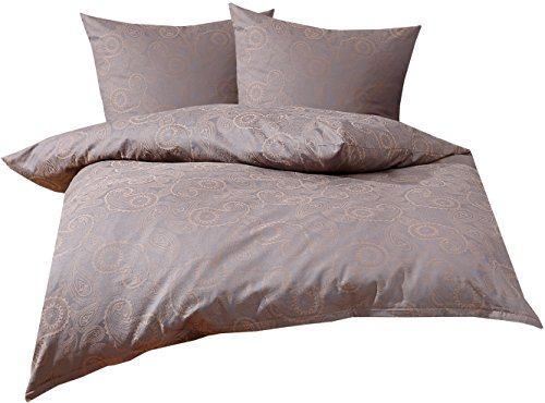 Mako Satin Damast Paisley Bettwäsche Garnitur Davos aus 100% Baumwolle - viele Farben und Größen (240 x 220 + 2X 80 x 80, Gold Braun - Grau)