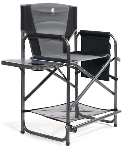 EVER ADVANCED Medium Tall Directors Chair Foldable Makeup Artist Chair Bar Height with Side Table Cup Holder and Pocket Footrest, Supports 400LBS (Grey, Seat Height: 23.2 inches)
