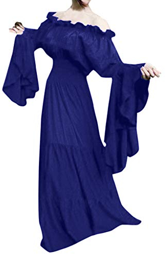 Lazzboy Frauen Retro Mittelalter Renaissance Cosplay Vintage Party Club Maxi-Kleid Mittelalterliches Kostüm Damen Lange ärmel Renaissance Trompetenärmel Maxikleid Karneval(Blau,5XL)